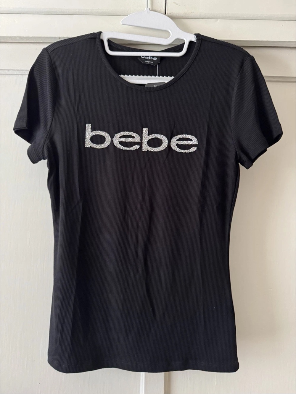 bebe Black Short Sleeve Ribbed Tee with Silver Sparkle Logo